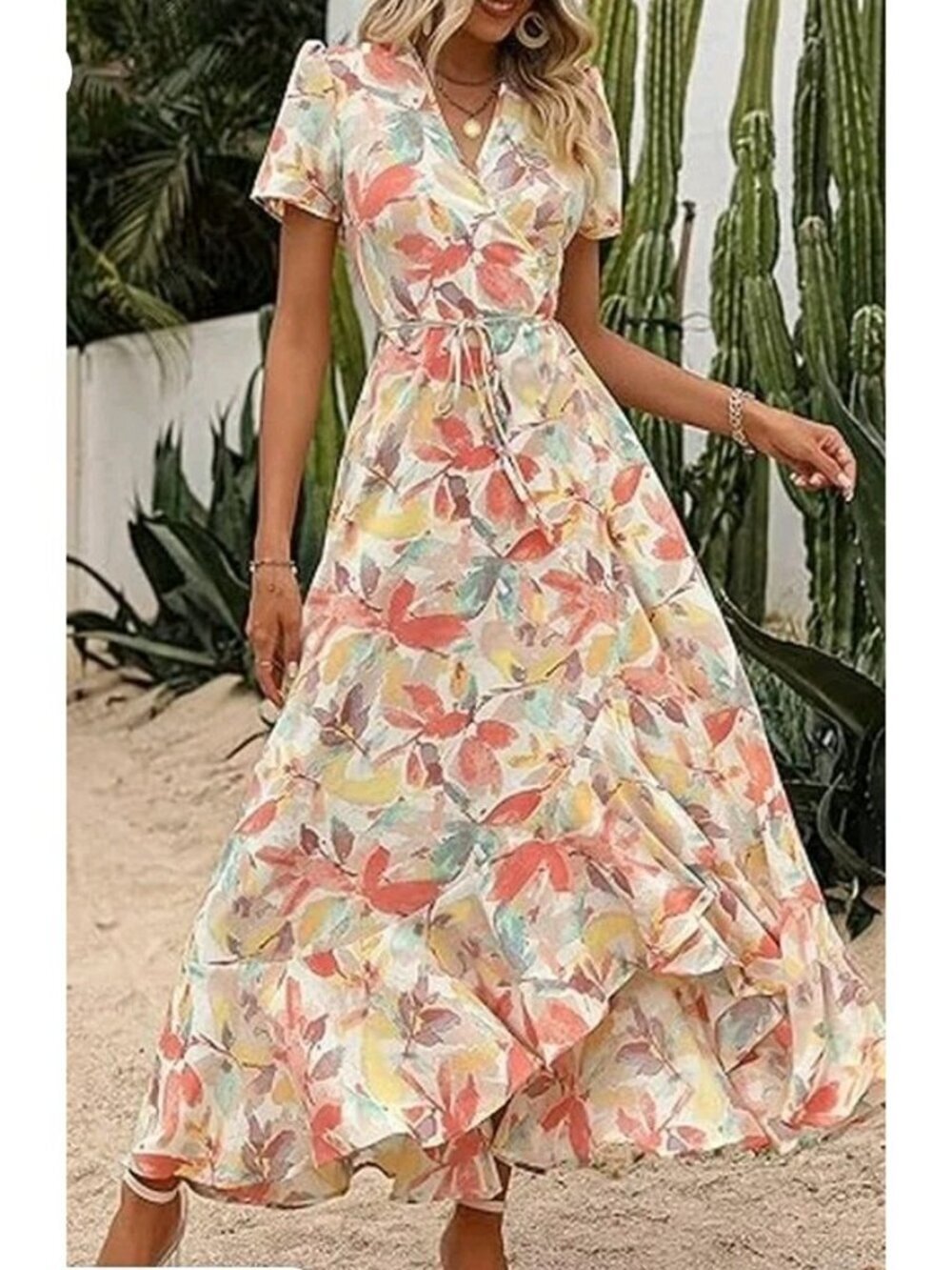 Pretty Garden Maxi Wrap Dress Ruffle Casual Party Church Stretch Pockets 2XL